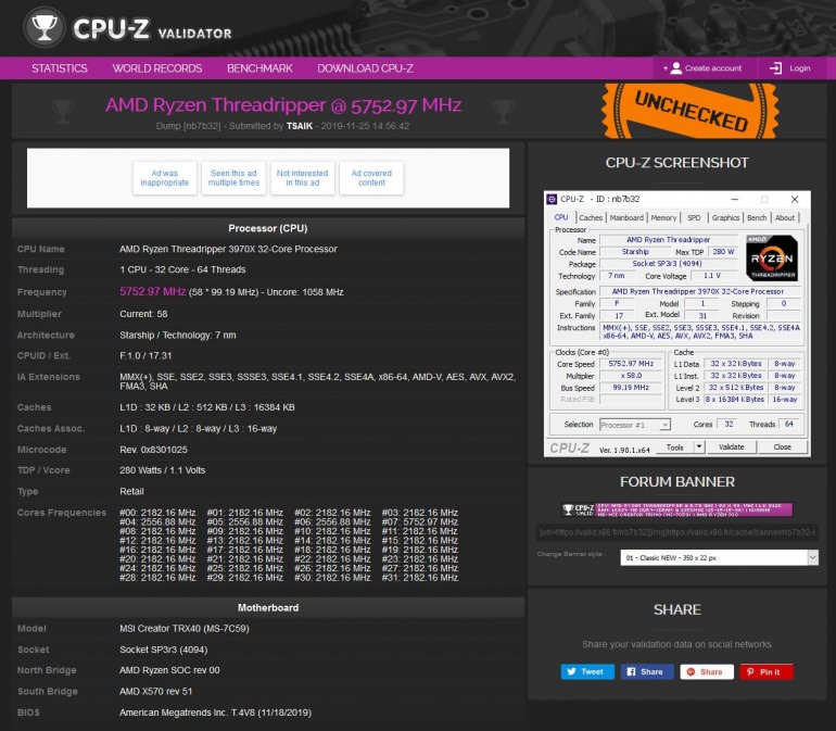 Llevan al procesador Threadripper 3970X hasta los 5,75 GHz Llevan al procesador Threadripper 3970X hasta los 5,75 GHz